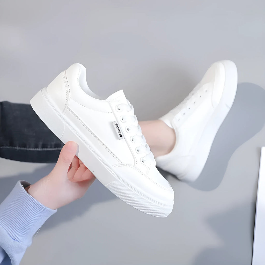 Korean style white and brown low-top sneakers with artificial PU upper and plastic sole