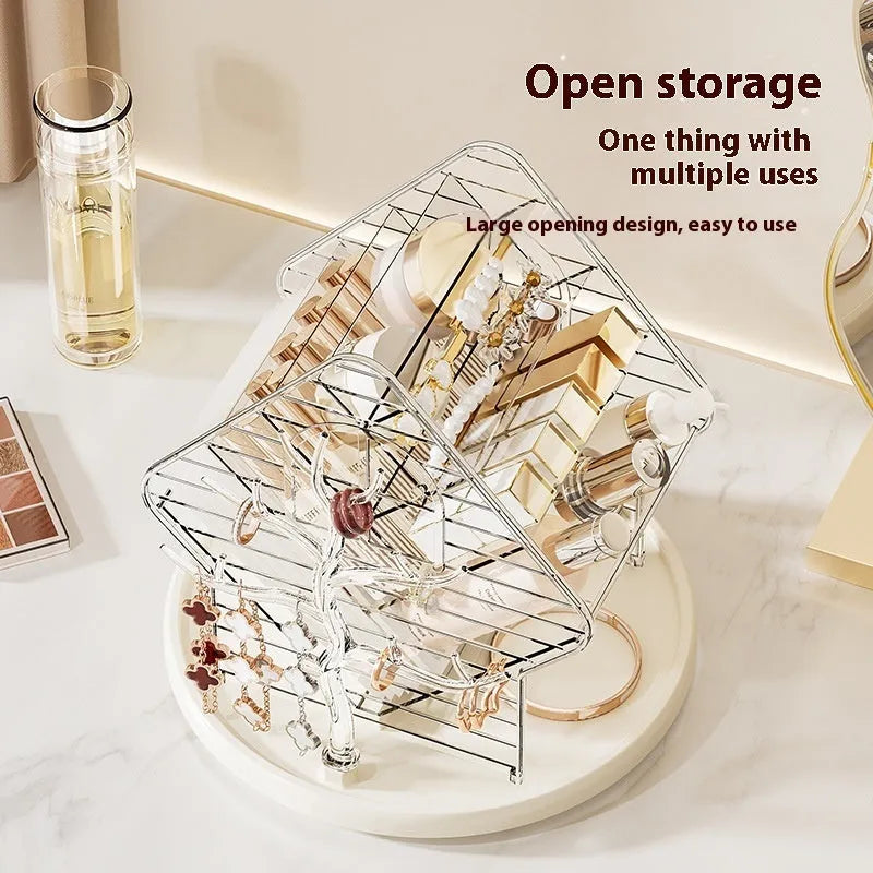 360 degree rotating cosmetics storage organiser box in clear and Amber Gold colours on a table.