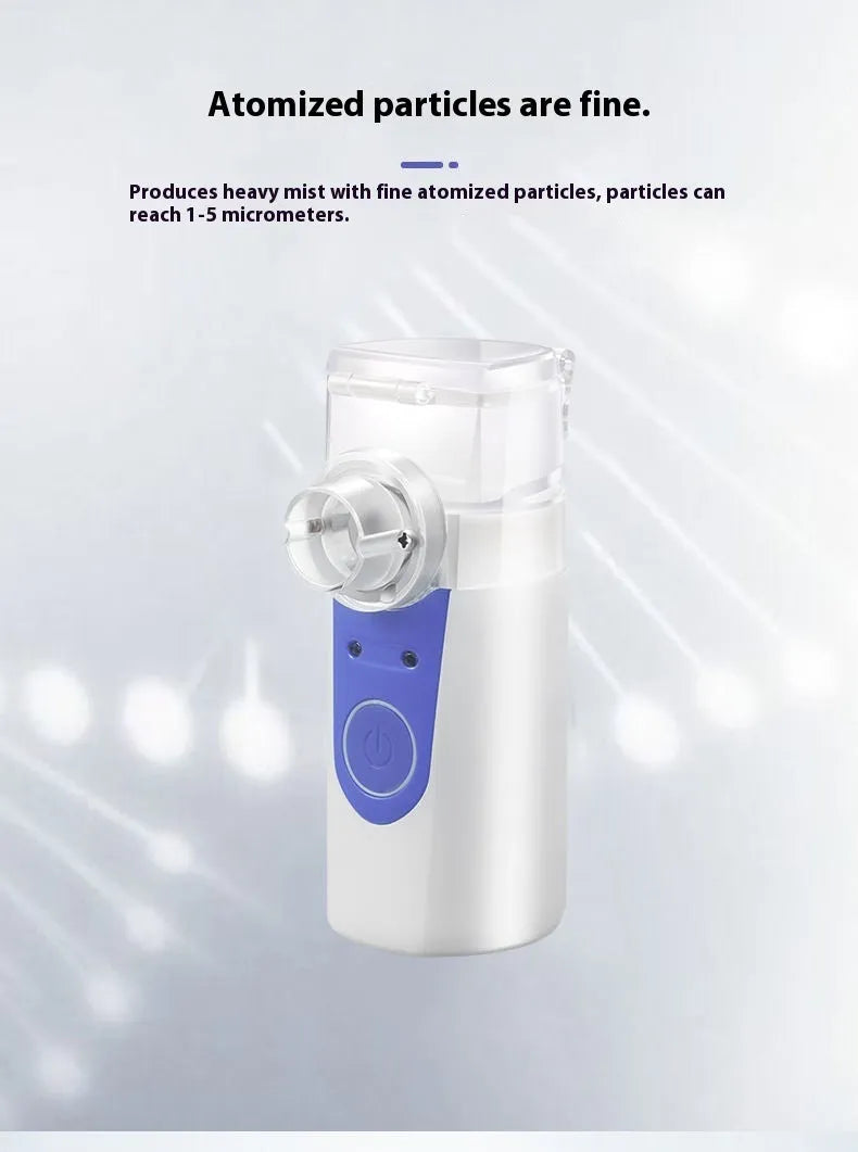 Handheld columnar plastic nebuliser with USB cable for humidification and drug atomisation.