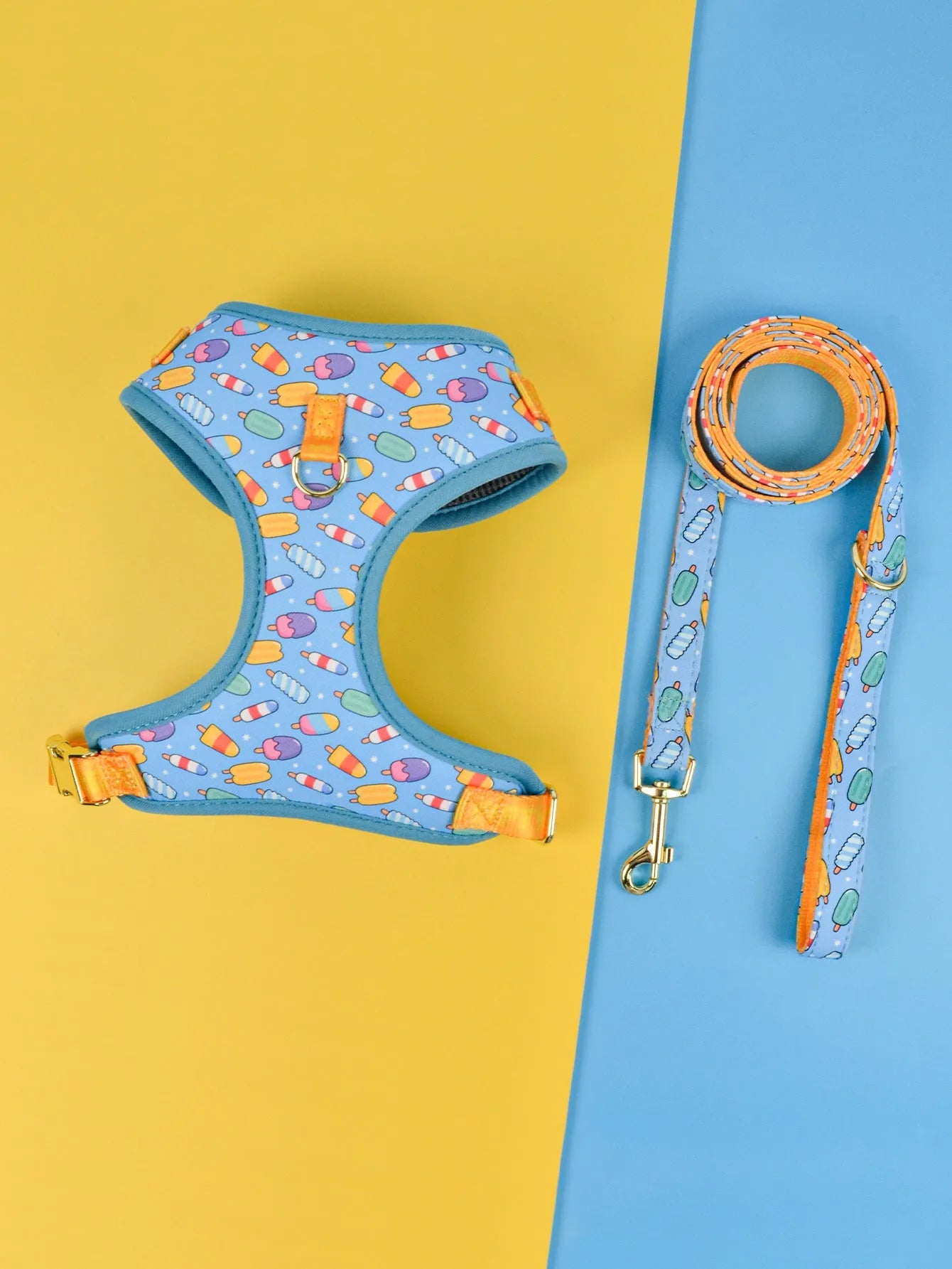Polyester chest-back dog harness and lead set in a choice of six colourful patterns, sized for medium and large dogs.