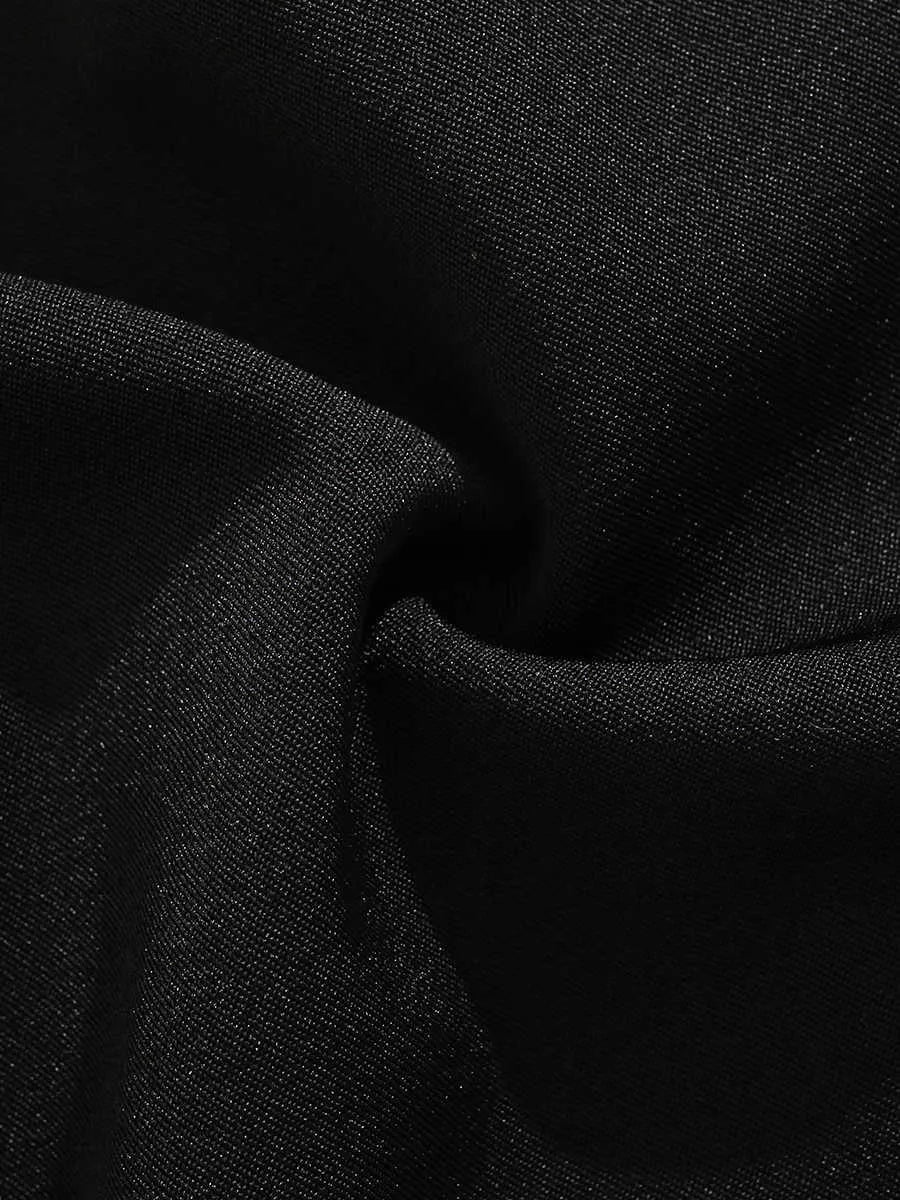 Men's black semi-elastic shorts with straight-leg loose fit and zip fly closure