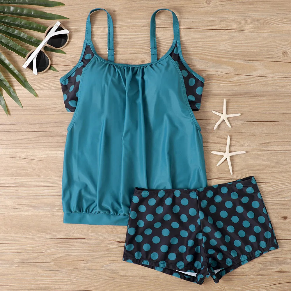 Women's high-waisted polka dot boxer swimsuit in polyester fabric for sports and swimming