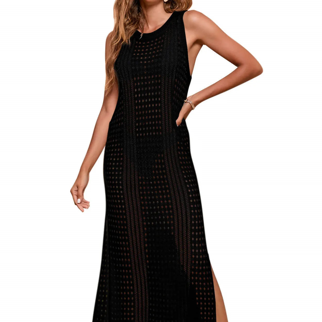 Women's long loose beach blouse with hollow-out knitted design in solid colour options