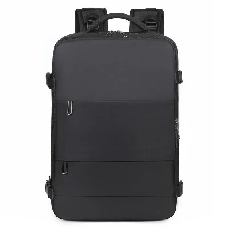 Large purple travel backpack for women with multiple compartments on a grey background.