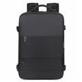Large purple travel backpack for women with multiple compartments on a grey background.