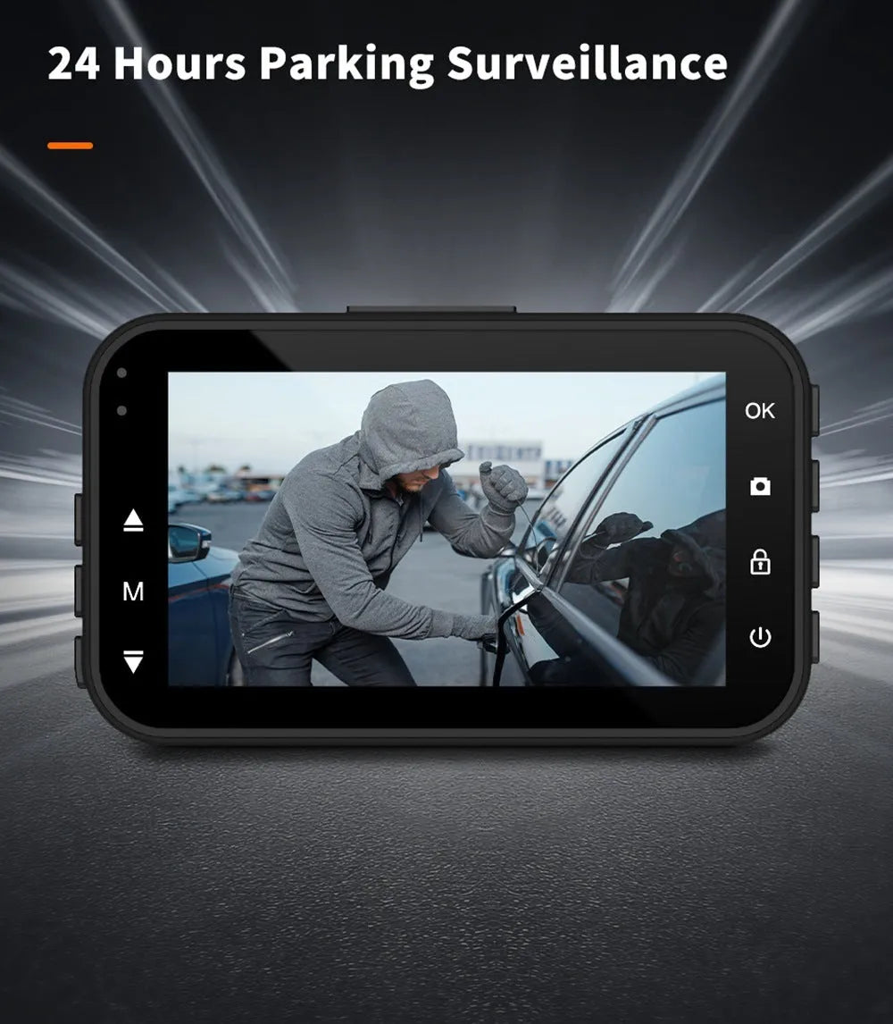 ThiEYE front and rear dash cam with 3-inch screen mounted on car windscreen