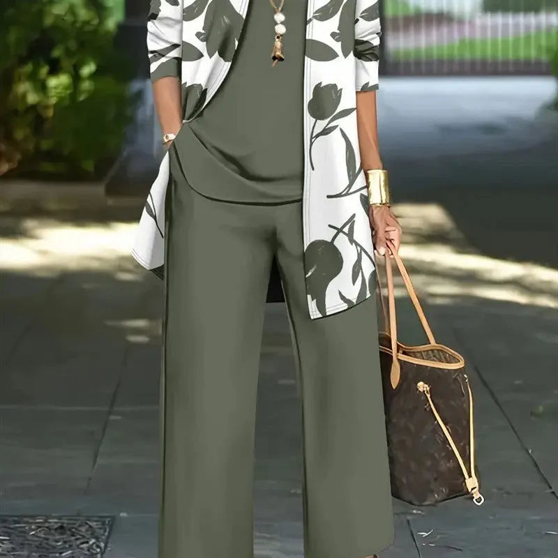 Women's printed three-piece casual suit set in polyester, showing jacket, vest, and trousers.