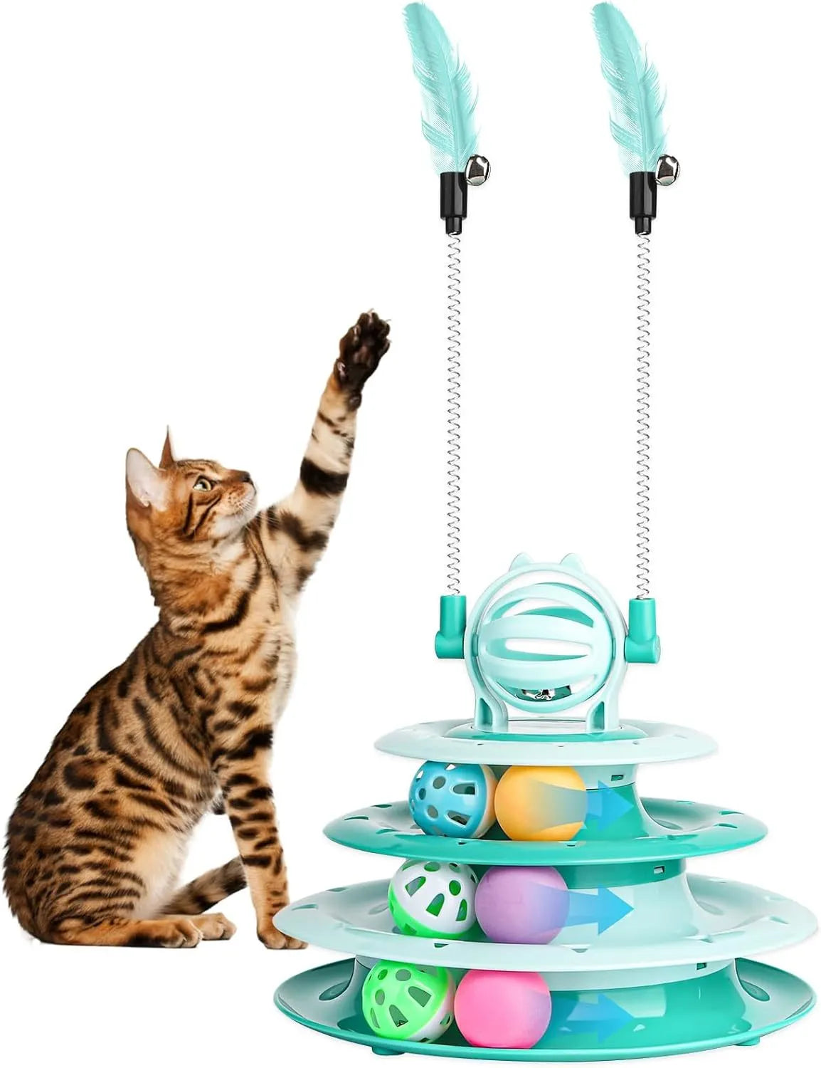 Interactive four-tier carousel cat toy with colourful balls and teasing rods on a non-slip base.