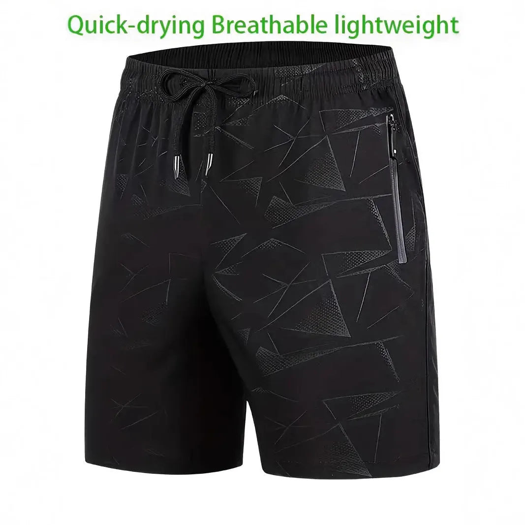 Man wearing loose-fit black printed polyester sports shorts for casual athletic wear.