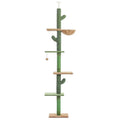 Tall solid wood cat climbing frame with integrated scratch board, cat nest, and hanging toy