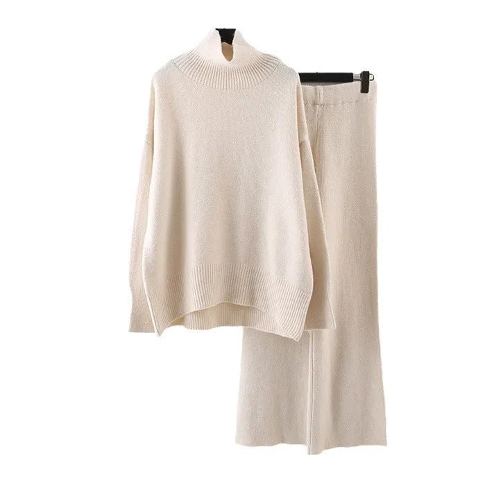 Women's beige acrylic long-sleeve sweater and wide-leg trousers two-piece casual set.