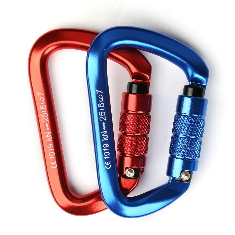 D-shaped steel climbing carabiner main lock shown in multiple colour options including orange, blue, and red.