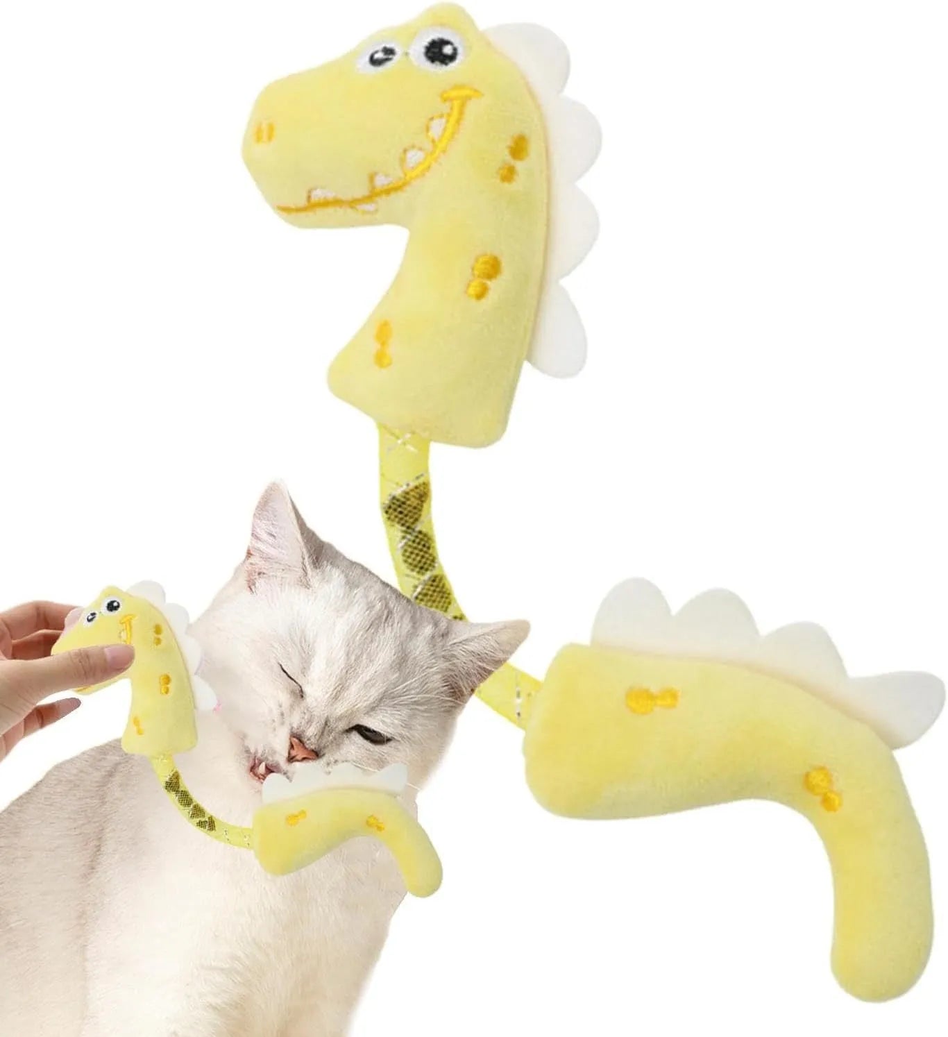 Four interactive cat toys: catnip rope, plush fish, plush mouse, and plush bunny in pink