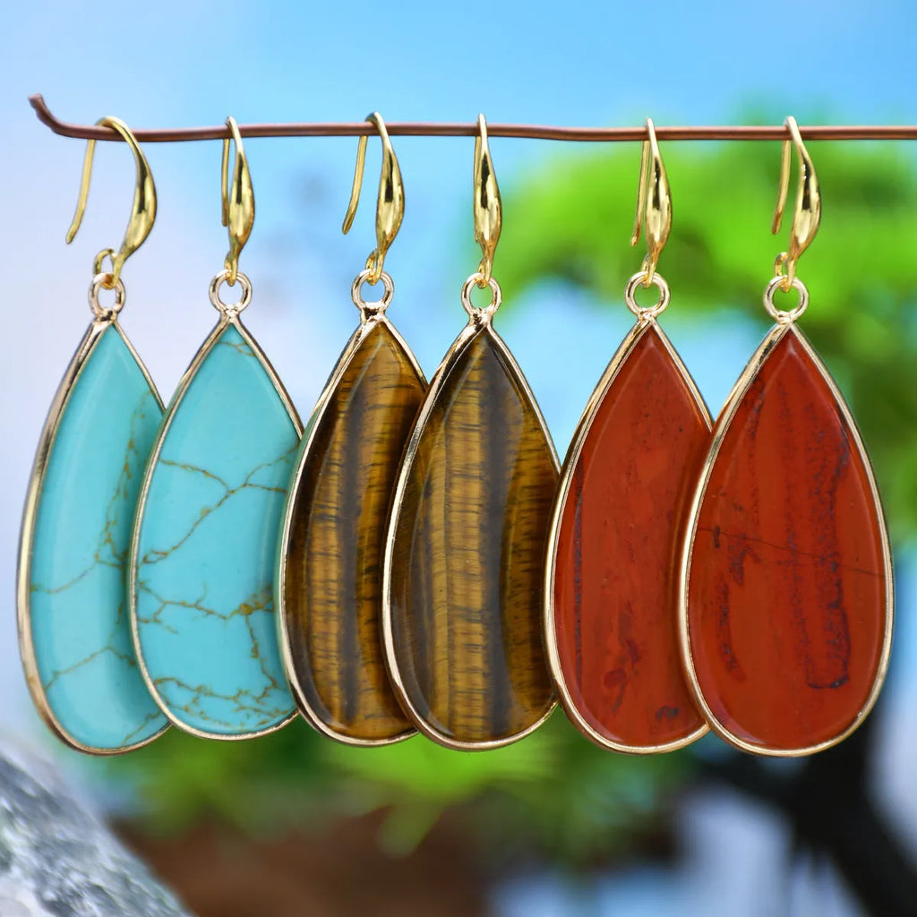 Vintage Tigereye drop-shaped earrings with long water drops design in natural stone