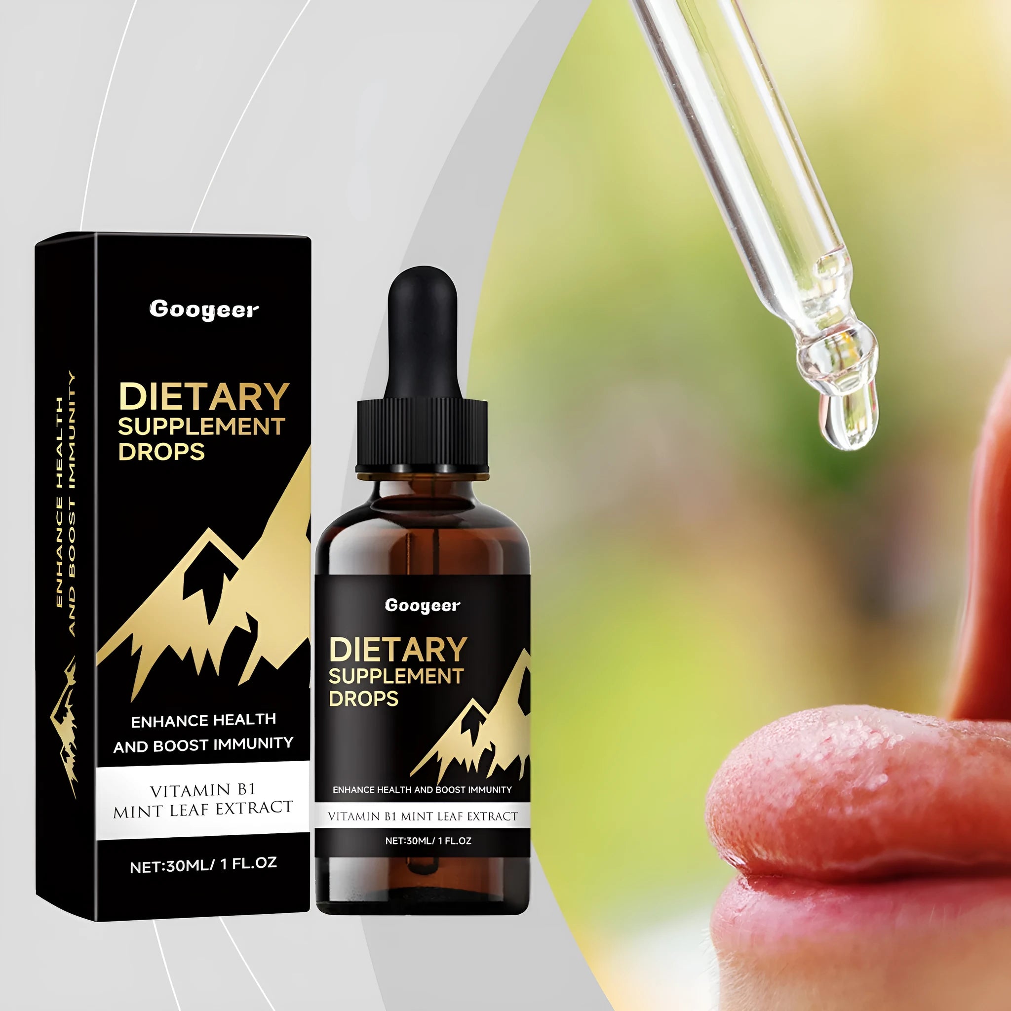 60ml glass bottle of clear dietary supplement drops with a black dropper top