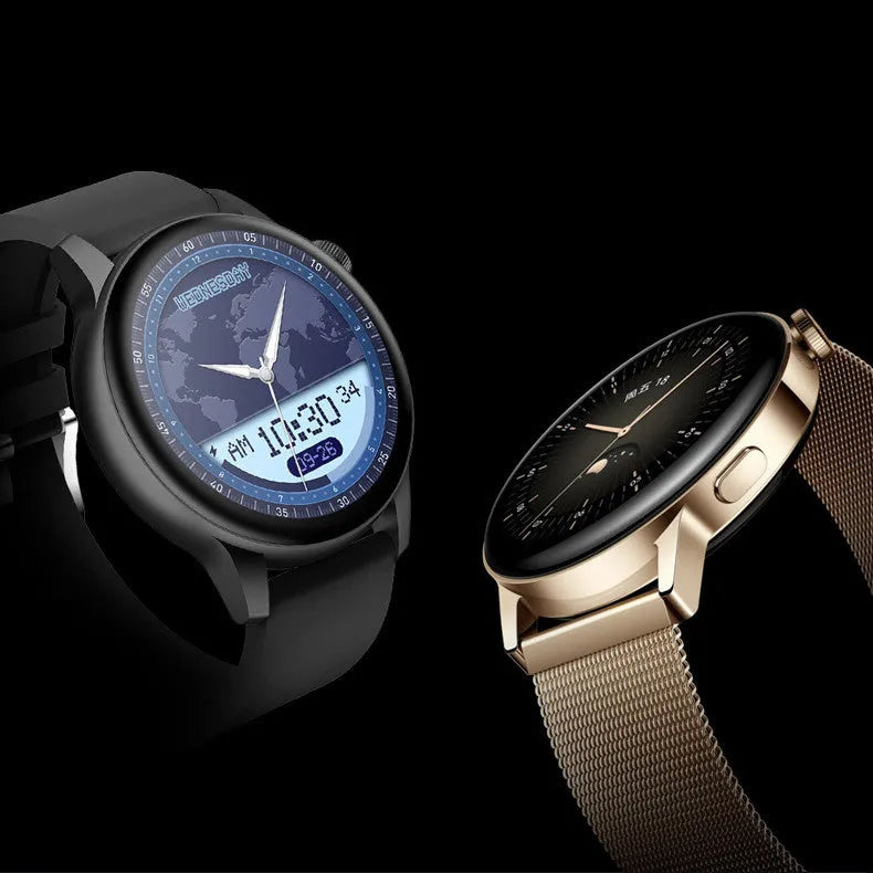 Smart watch with 1.30-inch colour touch screen and stainless steel case in black, pink, or silver