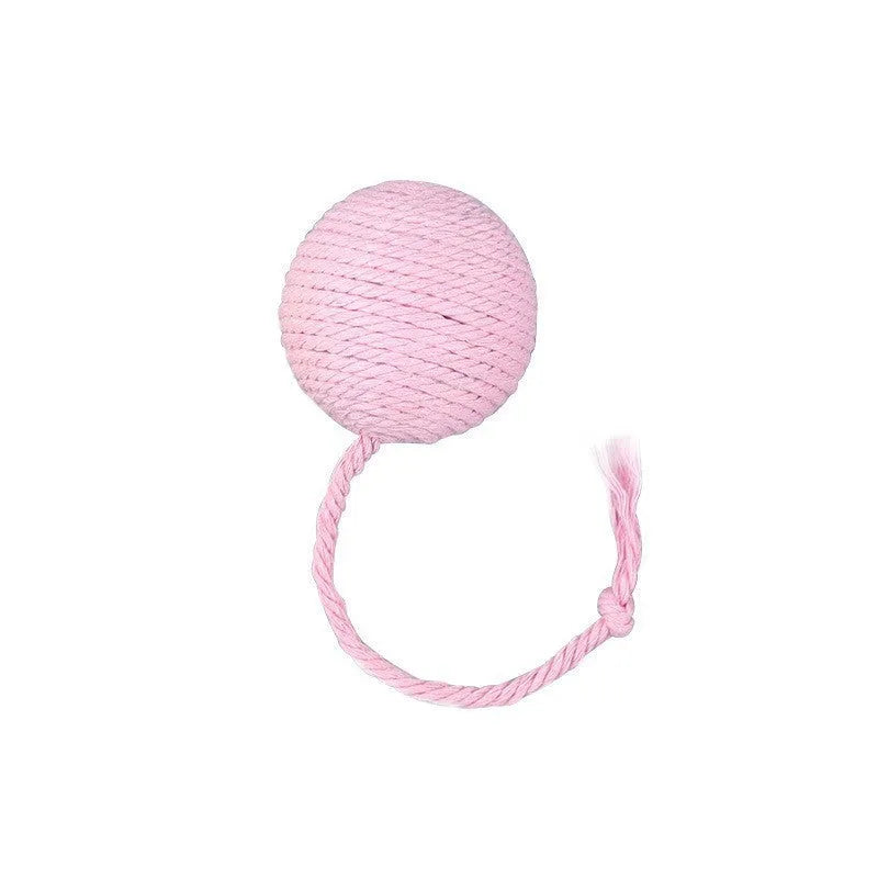 Colourful cat toy ball with rope tail and internal jingle bell in two size options
