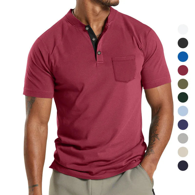Plus size man modelling a solid colour short sleeve shirt with a chest pocket.