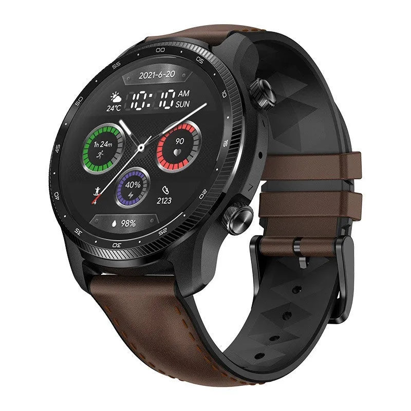 Ticwatch Pro X 47mm black smart watch with circular AMOLED display on a wrist.