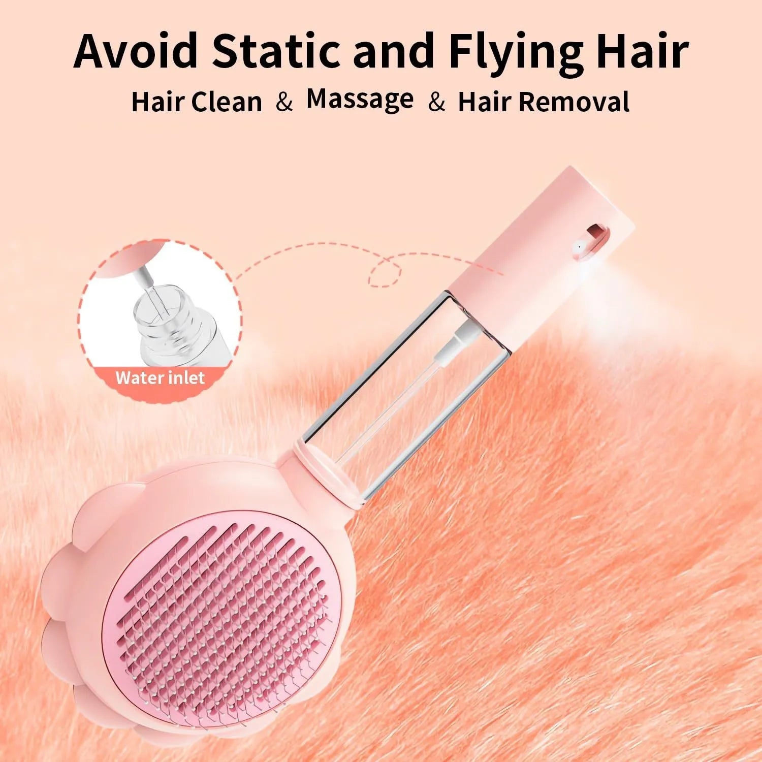 Grey spray cat grooming brush with self-cleaning button and curved stainless steel bristles on a white background.