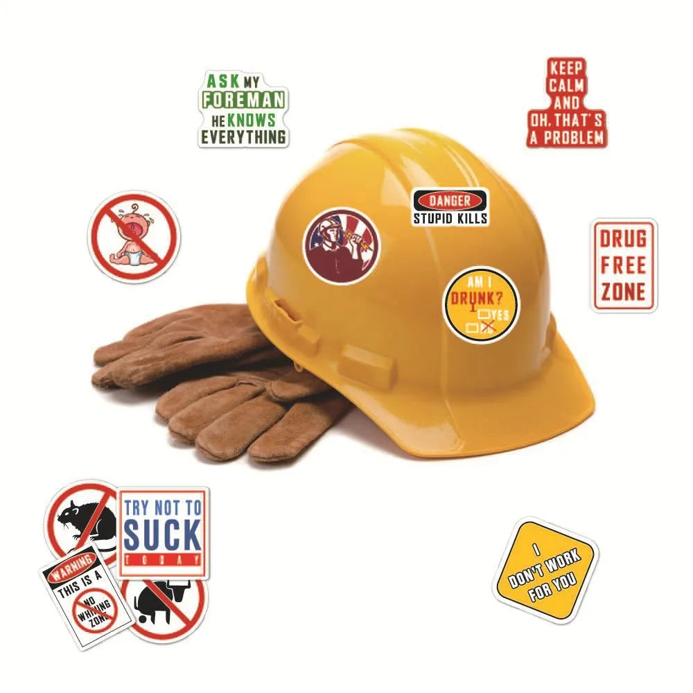 Waterproof warning stickers for helmets with safety slogans, approximately 6-8cm size