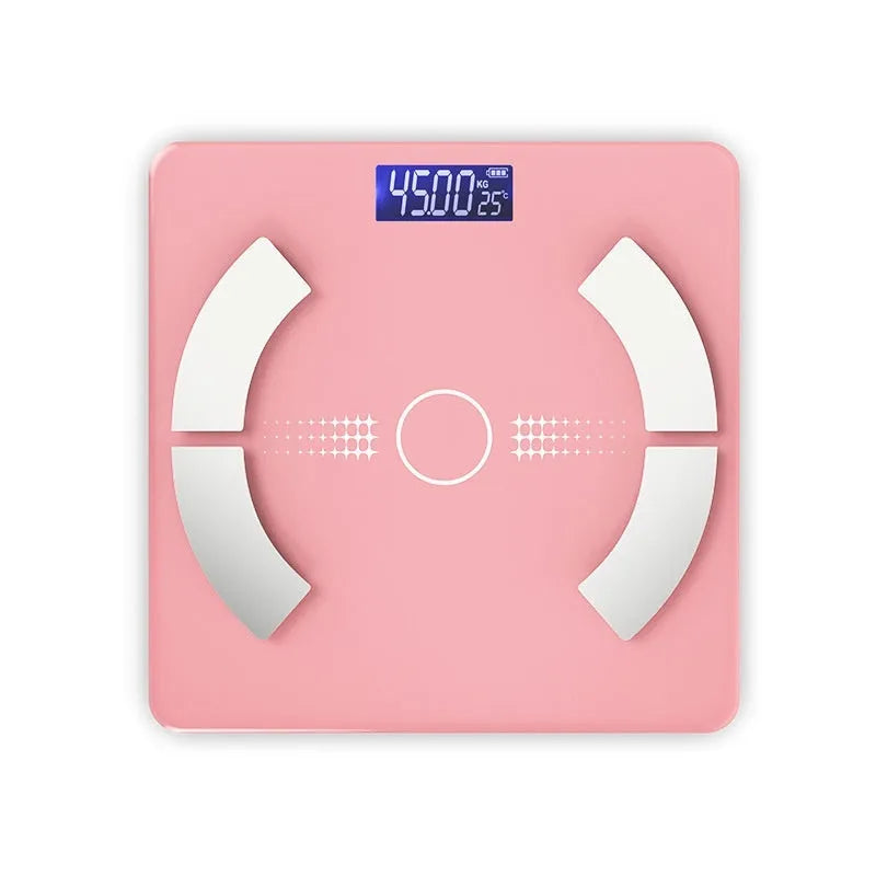 Smart Bluetooth rechargeable body fat scale in white, black, or pink colour on a bathroom floor.