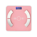 Smart Bluetooth rechargeable body fat scale in white, black, or pink colour on a bathroom floor.