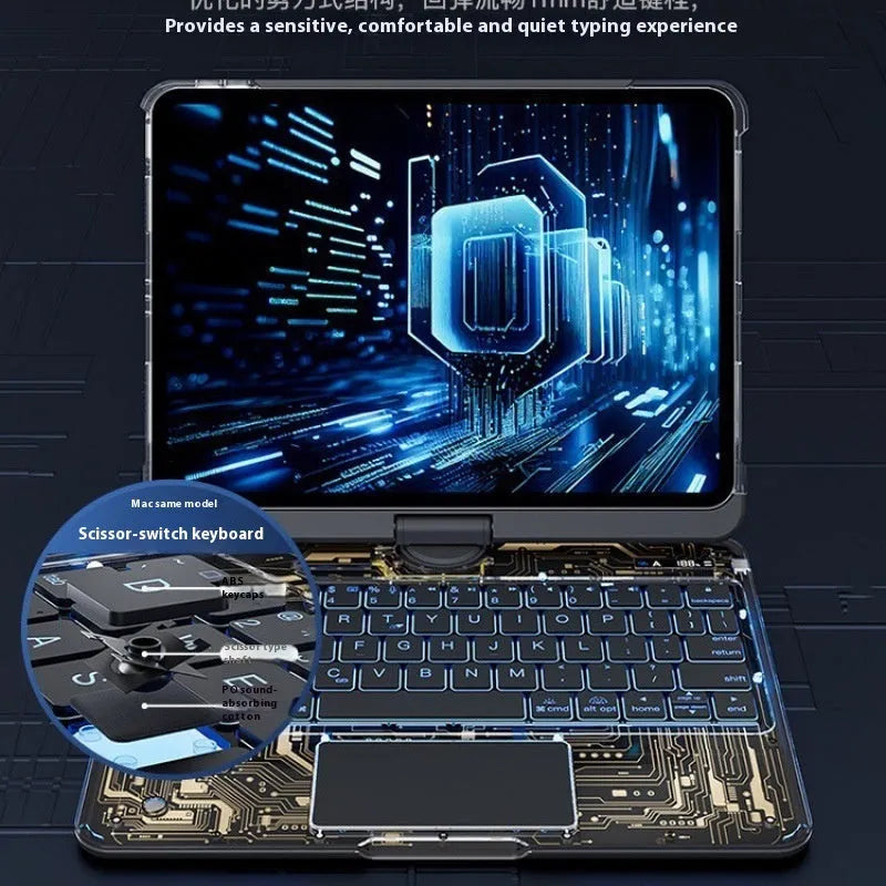 Transparent rotating keyboard protective case for iPad Air 5 tablet showing wireless keyboard and 360-degree hinge