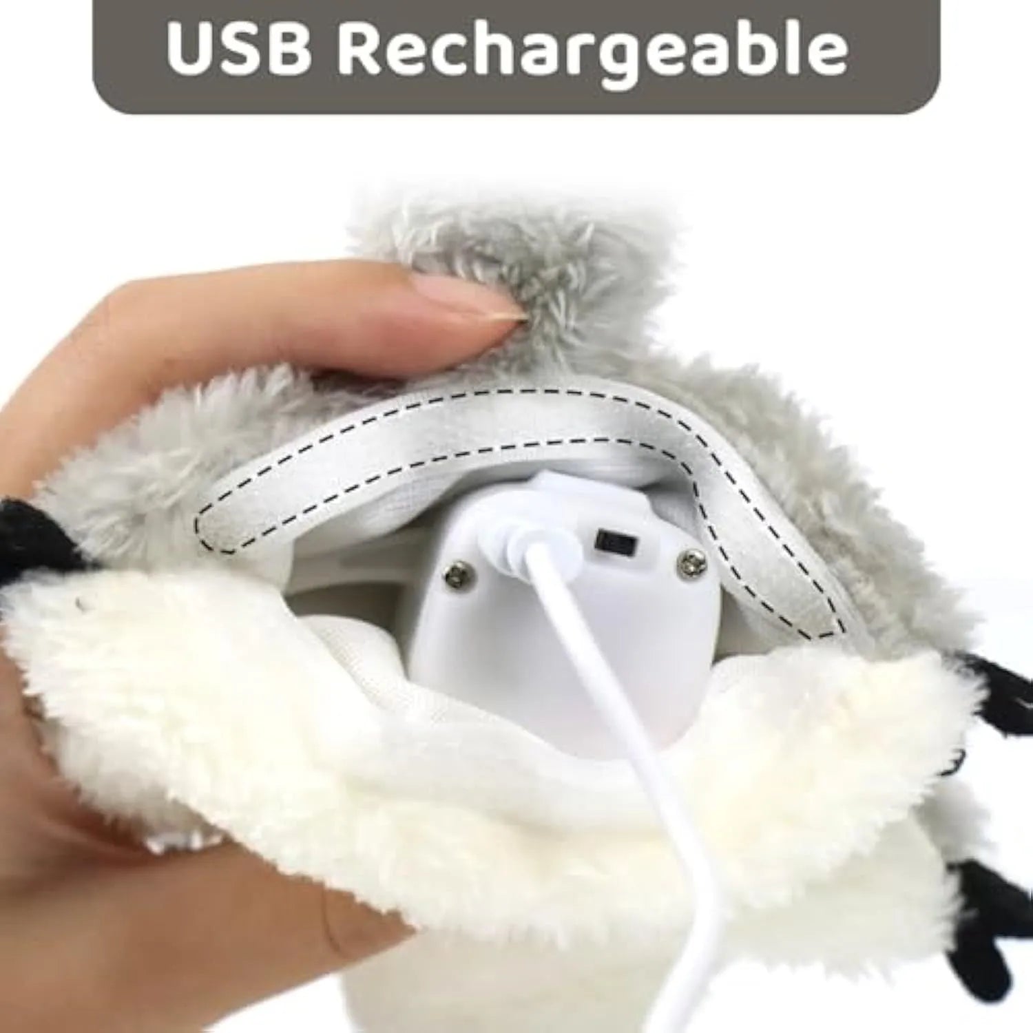 Grey flapping squirrel cat toy with touch-activated motion and USB charging port