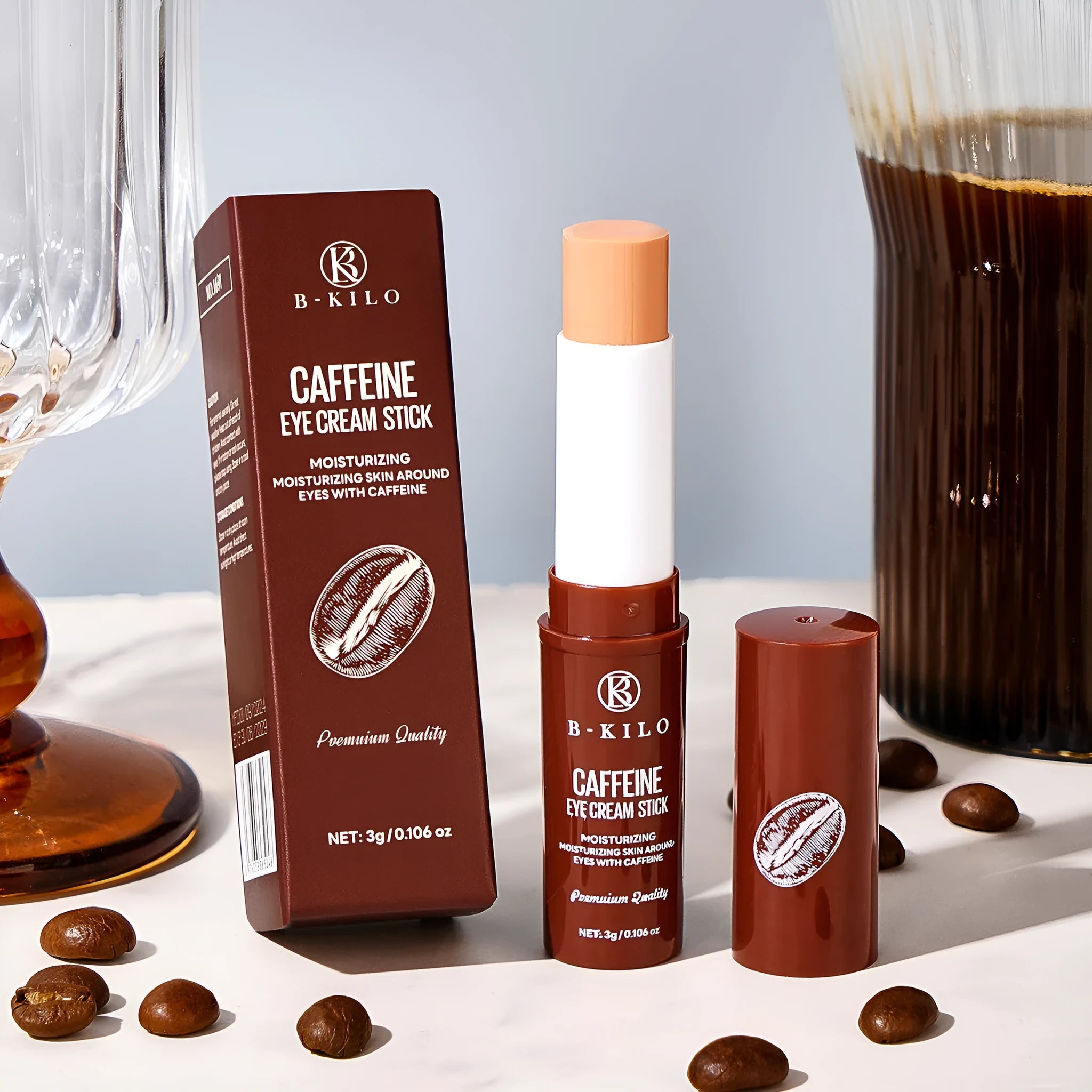 Caffeine Eye Cream Stick in a white tube, 3g net weight, for reducing dark circles and fine lines.