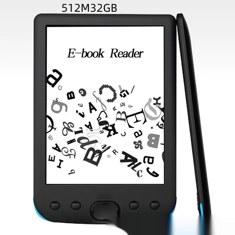 Black 6-inch E-ink screen e-book reader showing its display and sleek body.