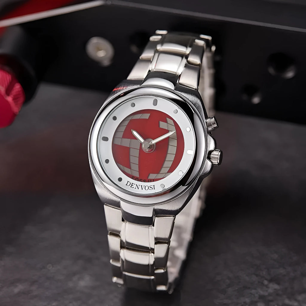 Y2K digital dual display watch with 40mm red face dial and stainless steel buckle on alloy strap