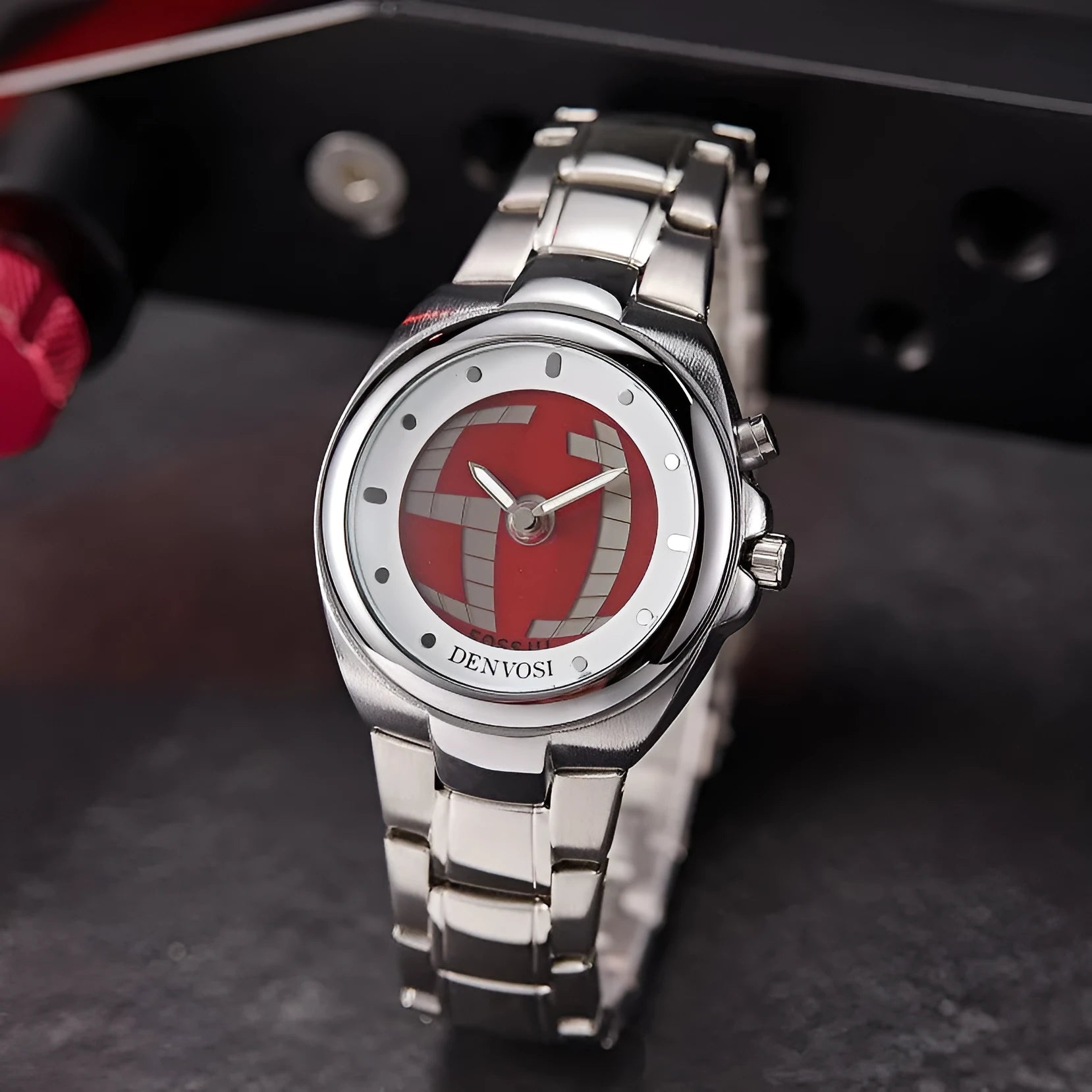 Y2K digital dual display watch with 40mm red face dial and stainless steel buckle on alloy strap