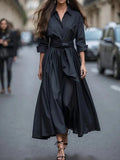 Solid colour maxi dress with lace-up front and asymmetric hem, in beige, black, navy blue or purplish red, polyester pullover style