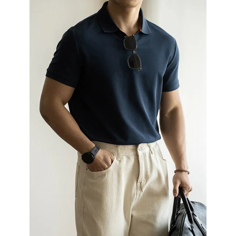 American-style short-sleeved polo shirt in blue, black, or white on a hanger.