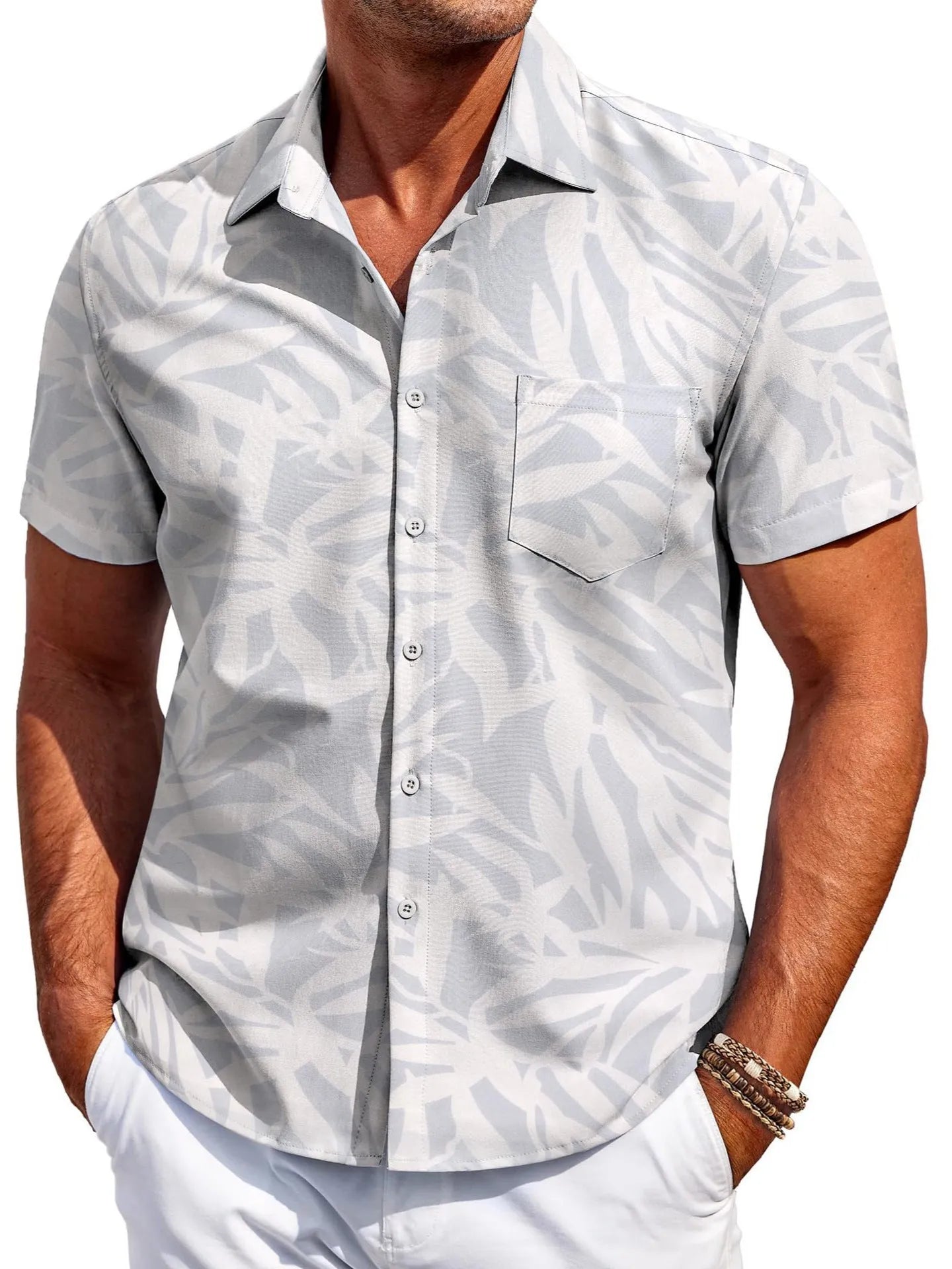 Men's slim fit Hawaiian short sleeve shirt in stretch polyester fabric showing colour options