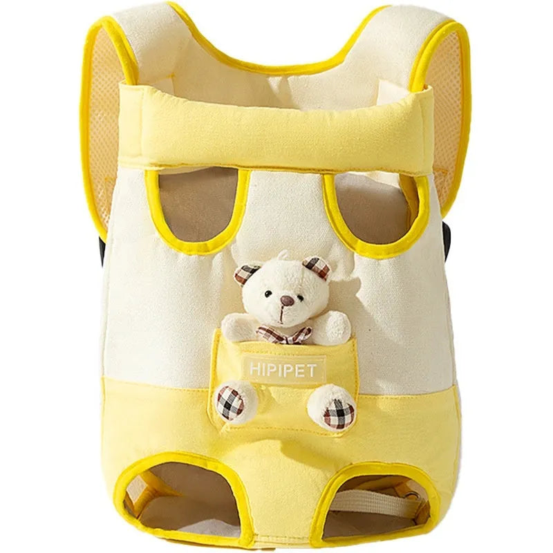 Soft canvas cat carrier bag with a yellow bear cartoon pattern and colourful stitching, shown in multiple size options.