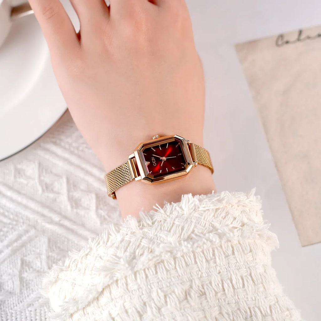 Women's square retro casual watch with rose gold case and coloured silicone strap options.