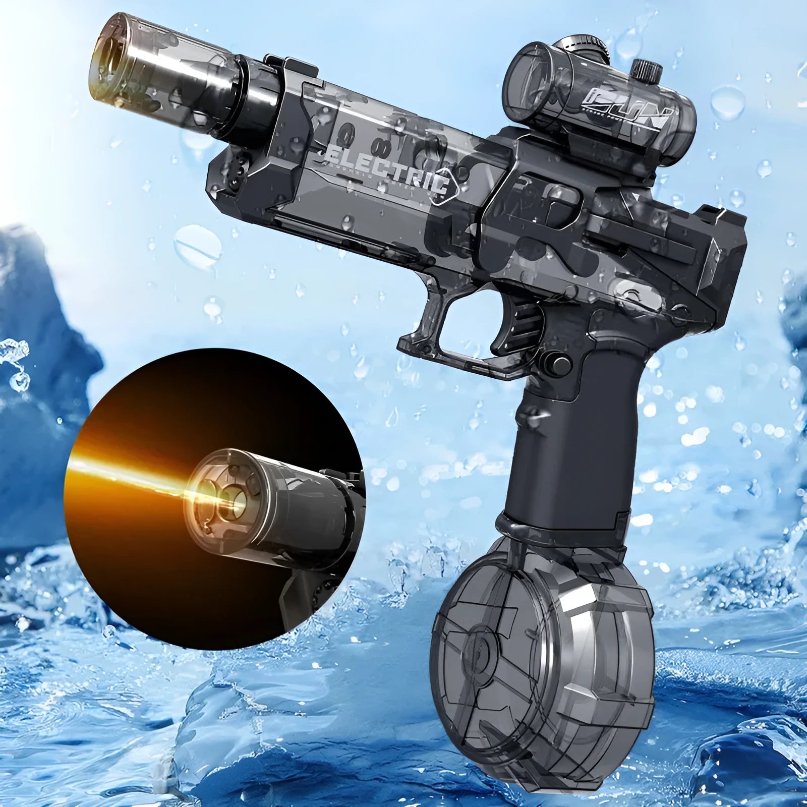 Electric water pistol toy with blue LED lights and automatic water spray function