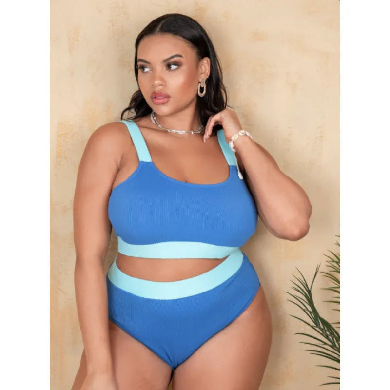 Women's high-waist bikini set in pure colour with split-side design and detailed stitching