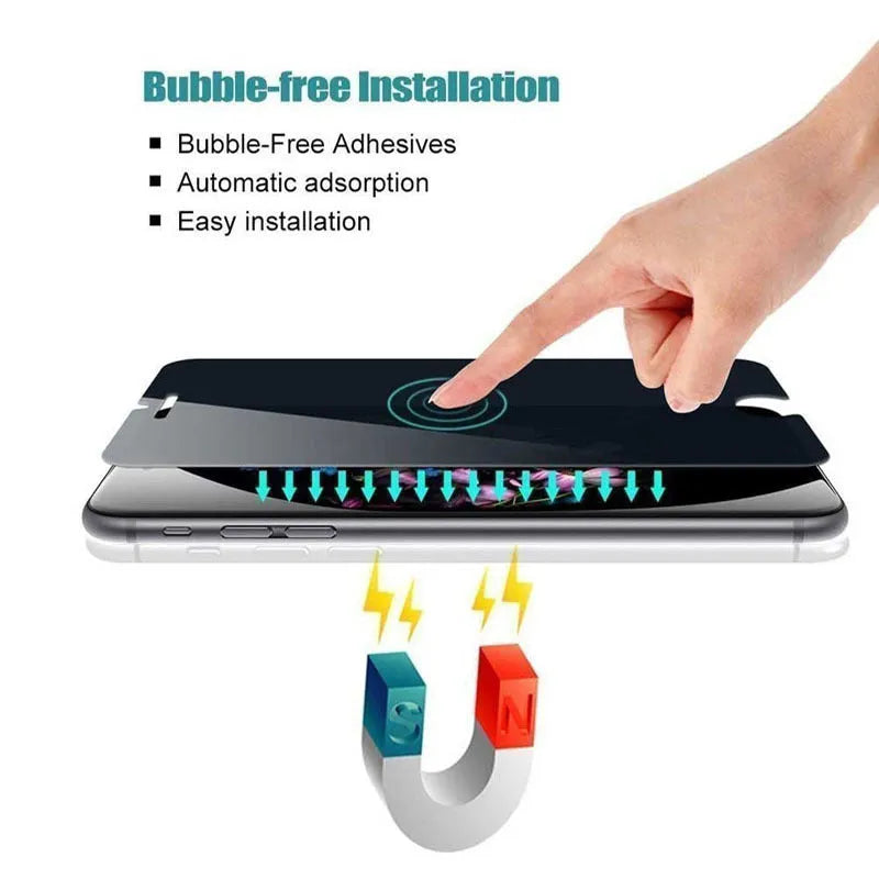 Black tempered glass privacy screen protector for Apple iPhone on a table