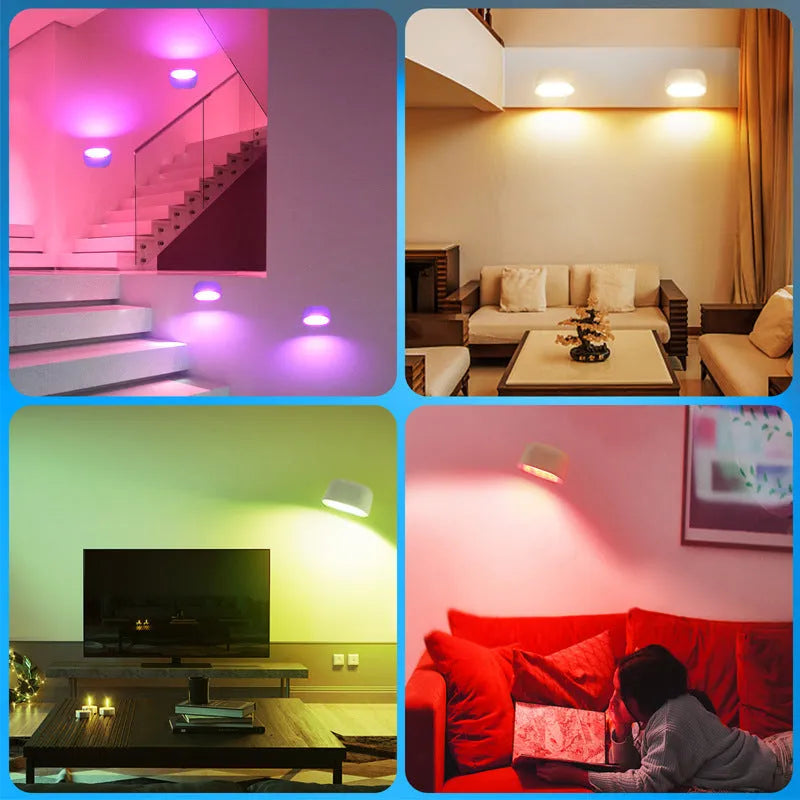 Oval white remote touch magnetic wall lamp on a wall with colour changing lights.