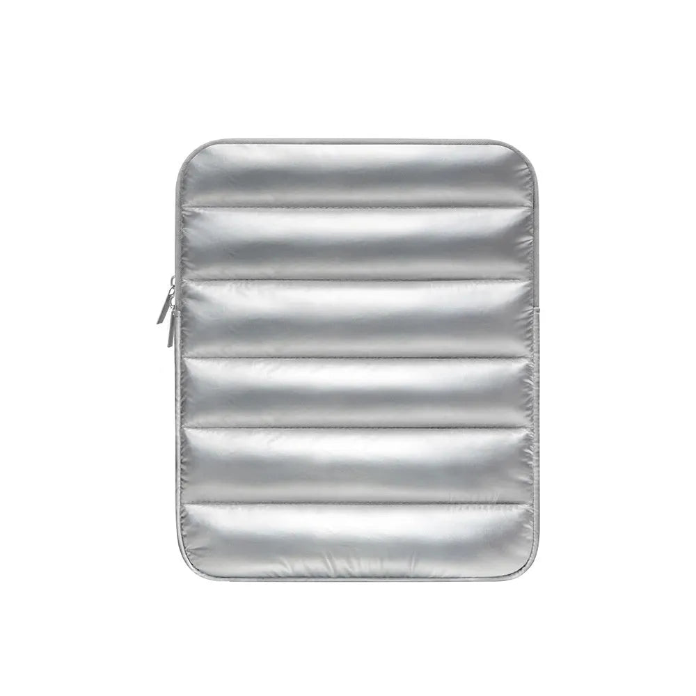Puff bag laptop sleeve with elastic sides in black, khaki, or silver for 9.7-11 inch devices