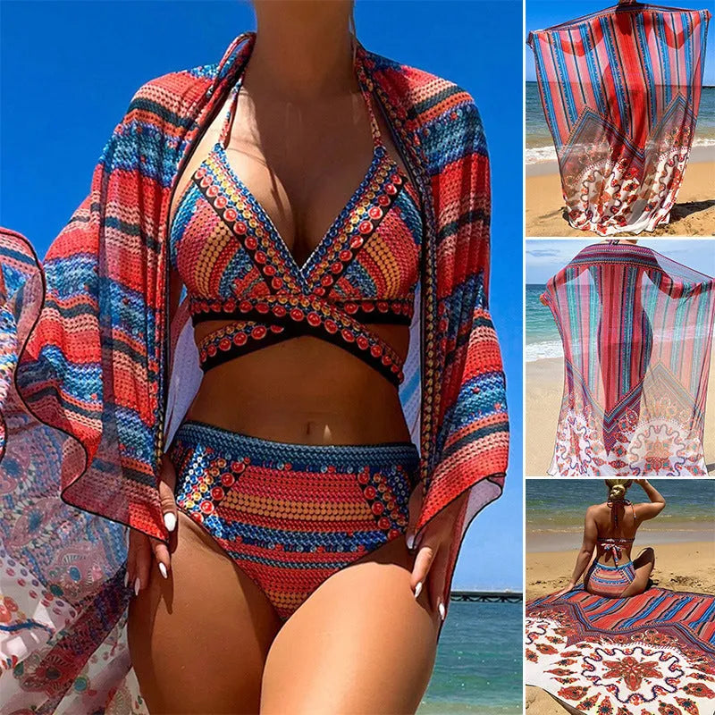 Women's three-piece split swimsuit set showing high-waist briefs and cutout blouse in polyester fabric