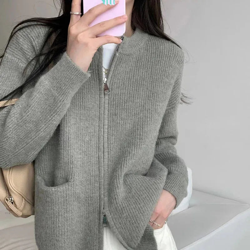 Soft viscose knit sweater coat cardigan in beige colour with long sleeves