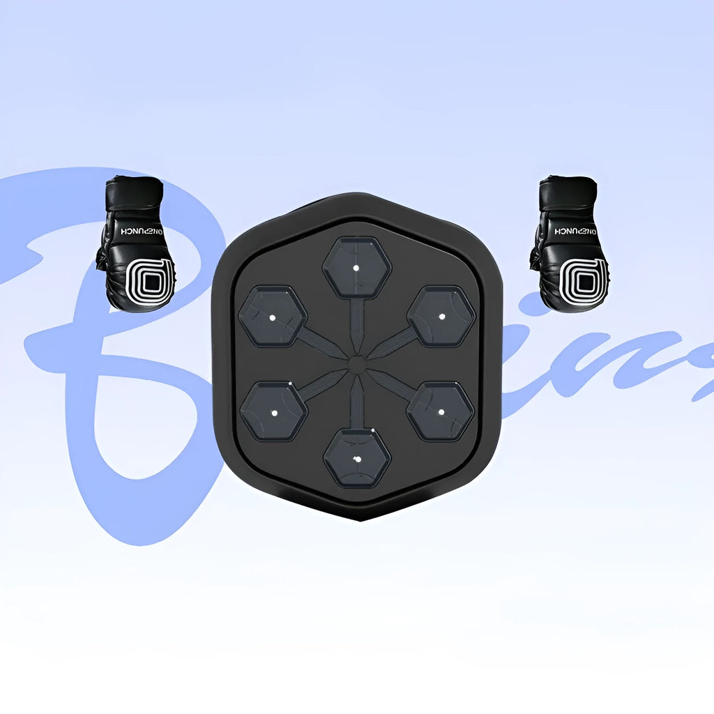 Black smart music boxing machine with Bluetooth connectivity and included boxing gloves