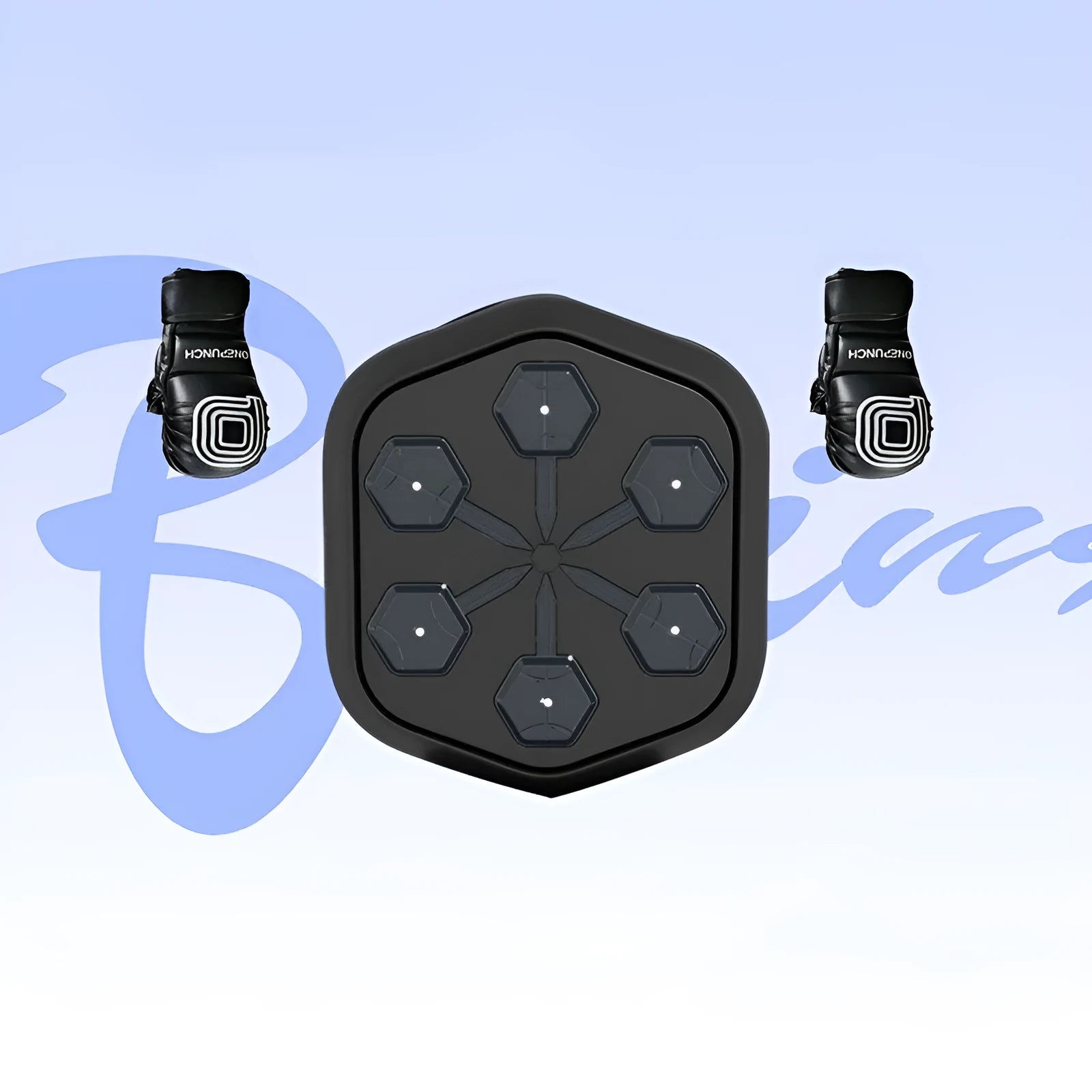 Black smart music boxing machine with Bluetooth connectivity and included boxing gloves