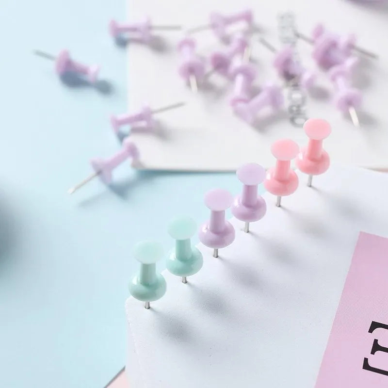 Plastic push pins in cherry blossom pink, mint green, and lavender, showing large and small sizes in a box.