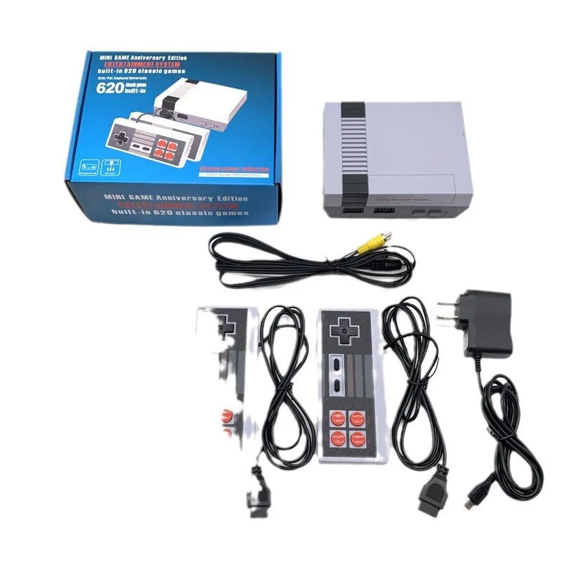 Retro NES game console with two controllers on television stand