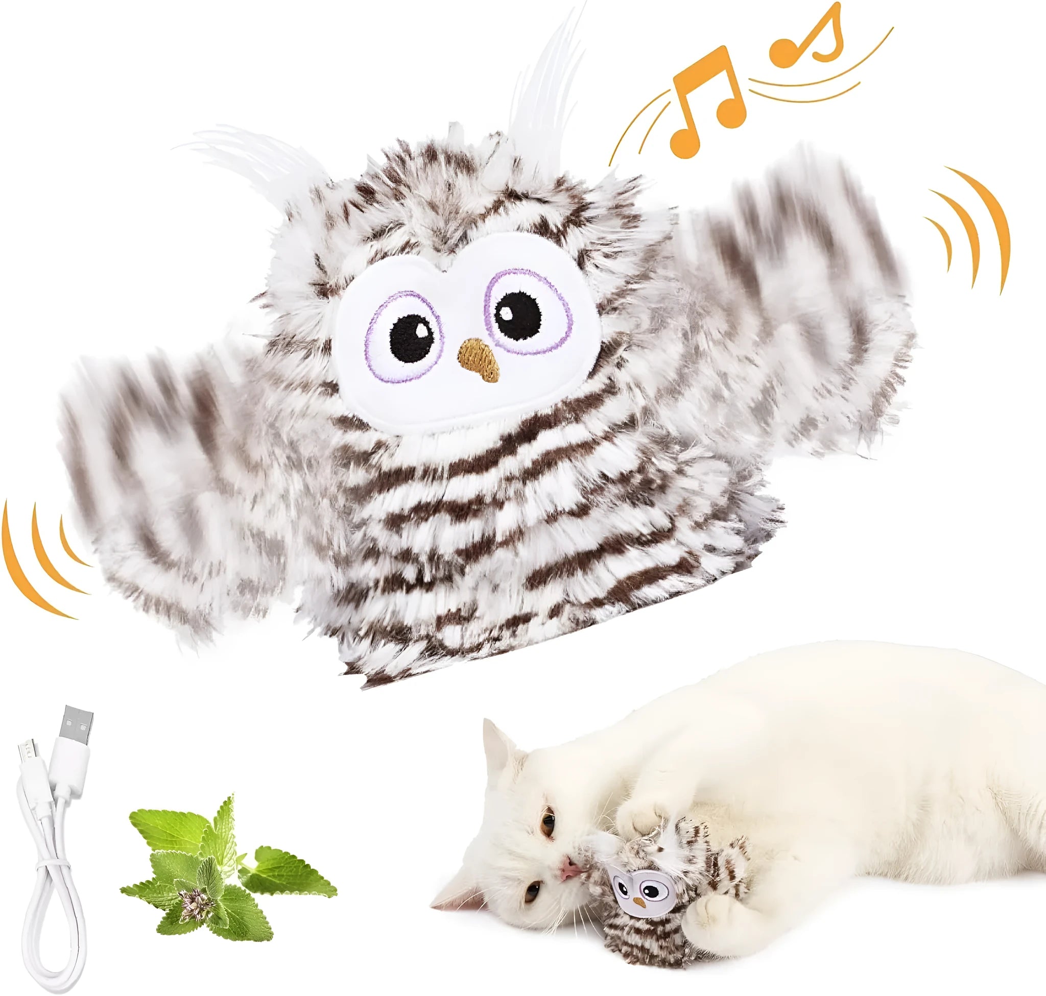 Grey interactive owl cat toy with flapping wings for indoor feline play